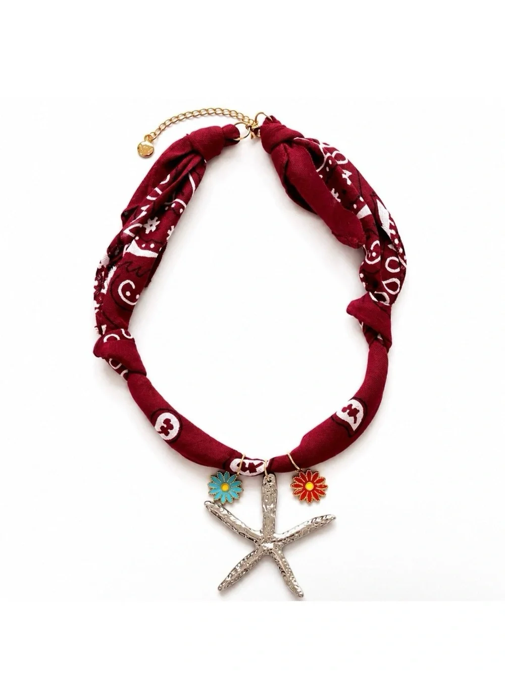 Maroon Bandana Necklace with Silver Starfish and Flower Charms by Mayamar
